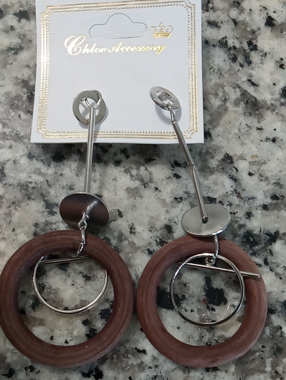 Chunky Brown Wooden Hoop Drop Earrings with Silver Accents